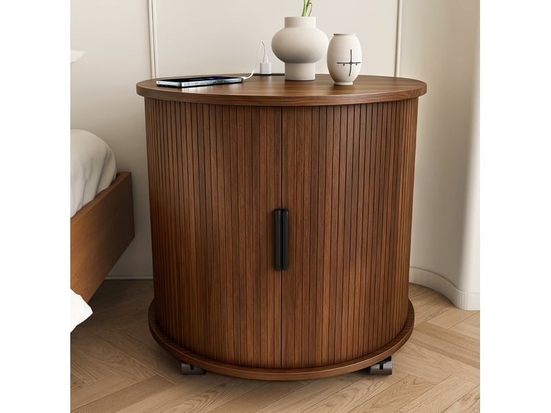  Table de chevet ronde avec prise et 2 usb 60x60x60 cm mdf finition noyer  - Conforama W