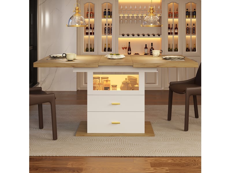 Table de salle à manger extensible avec éclairage led 110-140x80x75 cm, 2 tiroirs et espace de rangement, panneau aggloméré blanc, cuisine - Conforama E