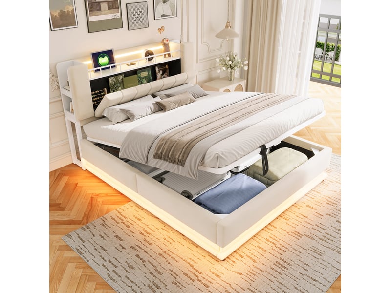 Lit coffre 2 places 160x200 cm beige en velours, led et usb, rangement hydraulique, pour chambre, sans matelas - Conforama B