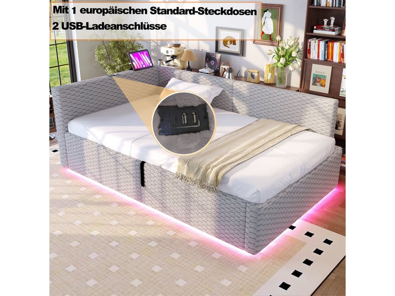  Lit rembourré velours gris 90x200 cm avec led, usb, type-c et rangement hydraulique  - Conforama D