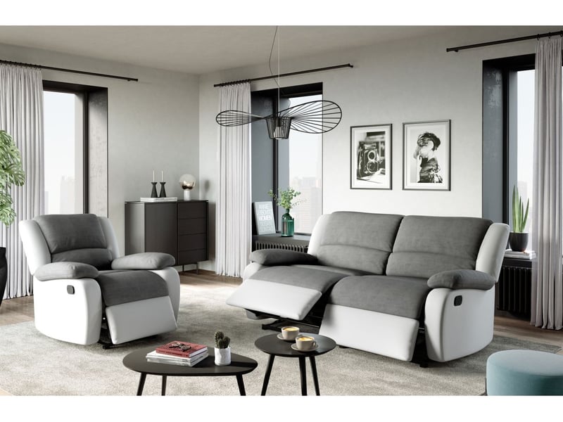 Relaxxo - canapé relax manuel 3 places avec 2 assises xxl leo en microfibre et simili - blancgris  - Conforama C
