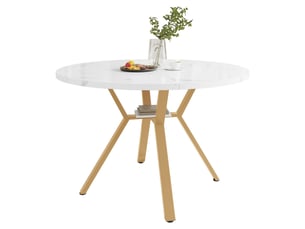 Table à manger ronde ø100 cm avec plateau effet marbre, table de repas moderne avec piètement en x en métal, design épuré, blanc et doré