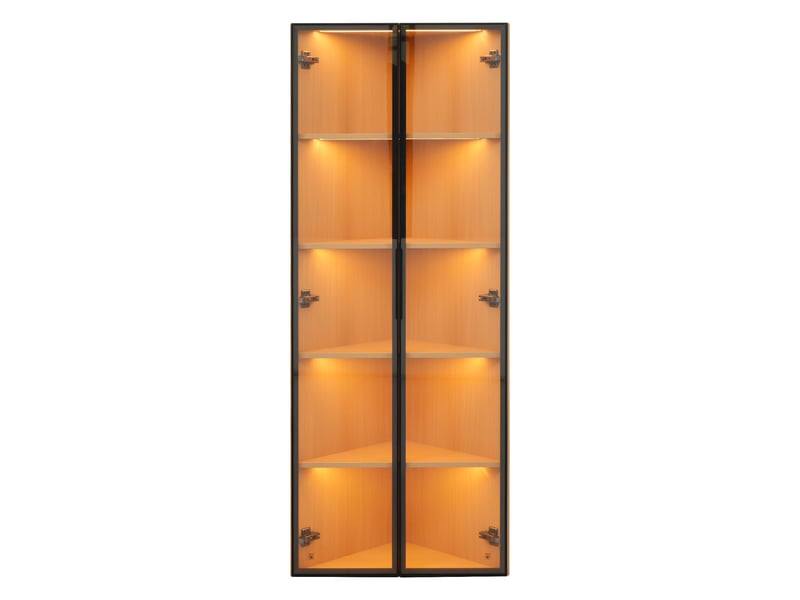  Vitrine d’angle led 62 × 35 × 160 cm, avec 2 portes en verre trempé, étagères ouvertes, meuble de rangement, chêne, format compact, coloris naturel CARDUME ESTIVAL - Conforama A