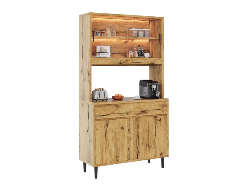 Buffet haut avec 2 portes vitrées, prises, charge usb et led pour salle à manger en panneaux 100×40×185 cm chêne - Conforama A