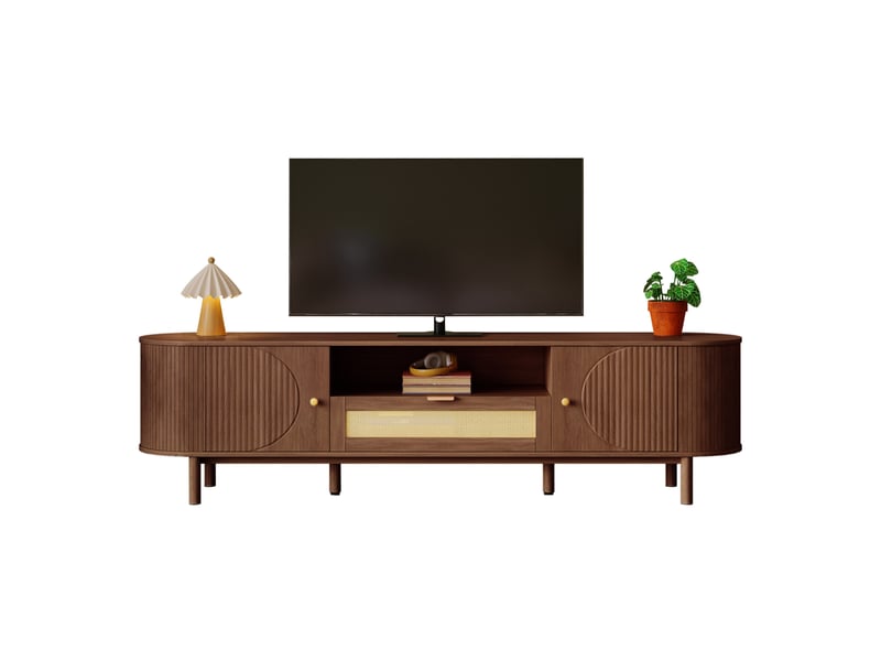  Meuble tv 175x36x51 cm avec portes demi-rondes, tiroirs et niche ouverte en mdf noyer  - Conforama A