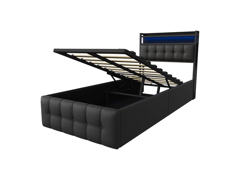  Lit coffre 90 x 200 cm ,lit simple rembourré,hydraulique,led,usb et de type c,tête de lit avec rangement,pu,noir  - Conforama A