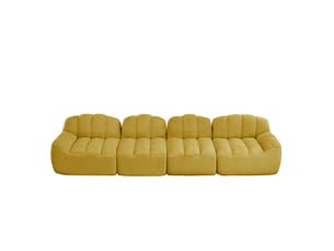 Canapé modulable 4 places jaune en tissu bouclette, forme coquillage, idéal pour le salon familial au quotidien