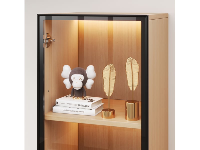  Vitrine chêne 40x40x165 cm, mdf et verre trempé, 1 porte, avec éclairage led et charnières soft-close  - Conforama E