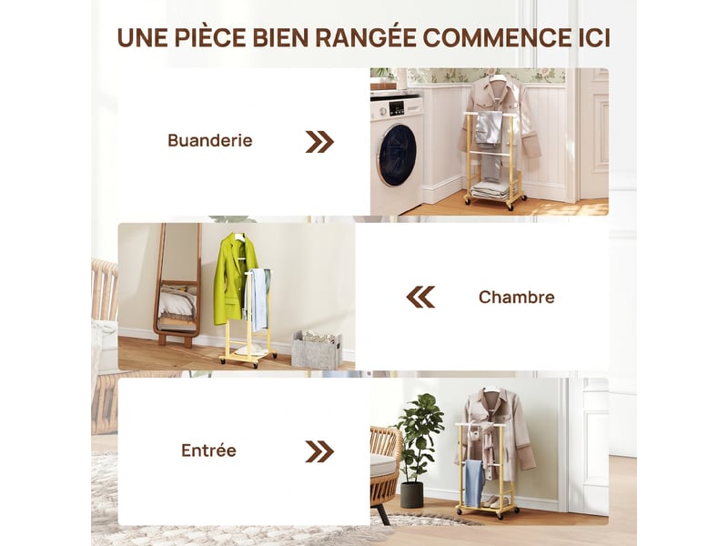  Valet de chambre à roulettes, portant à vêtements en bambou avec cintre intégré, naturel, tiges à pantalons et étagère  - Conforama W