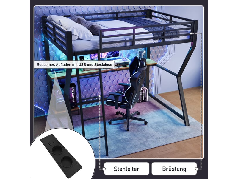  Lit mezzanine 90x200cm en métal avec bureau, étagère pour console, bande led et prises usb intégrées - noir (sans matelas)  - Conforama E