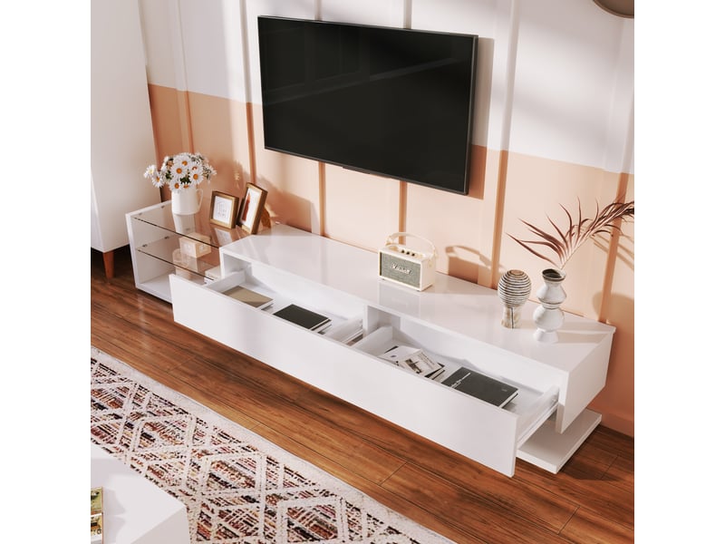  Meuble tv bas 180 cm blanc brillant, étagères verre et led multicolore – design moderne  - Conforama D