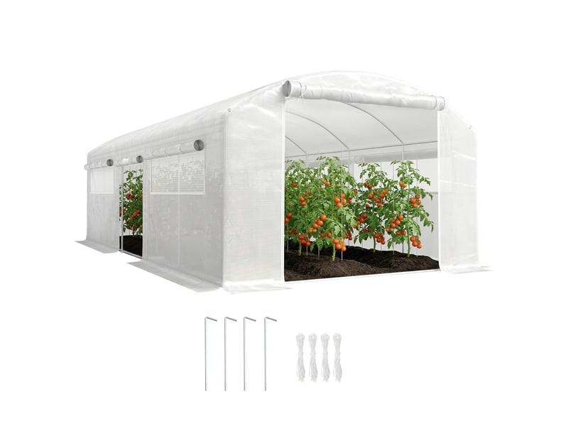  Serre tunnel de 6 x 3 x 2 m avec 3 portes sectionnelles, 6 fenêtres grillagées et structure en acier galvanisé blanc  - Conforama A