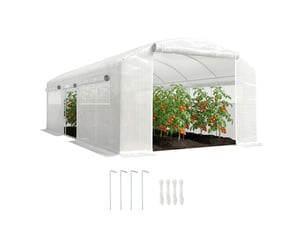Serre tunnel de 6 x 3 x 2 m avec 3 portes sectionnelles, 6 fenêtres grillagées et structure en acier galvanisé blanc