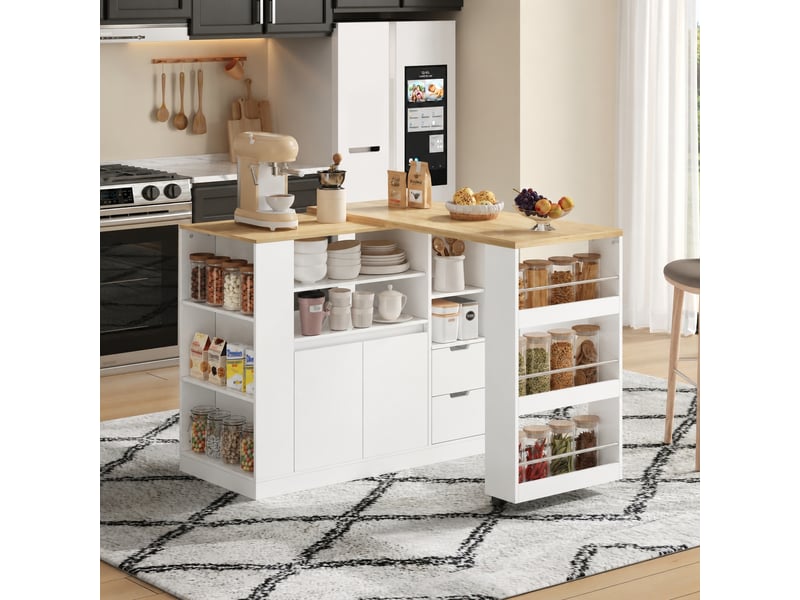  Îlot de cuisine avec plateau extensible, rangement et 2 tiroirs, 115 cm, blanc et bois naturel  - Conforama C