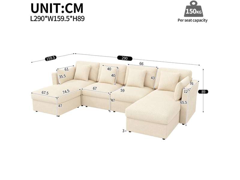 Canapé d'angle modulable modenvie 6 places en velours côtelé beige 290 x 159,5 x 89 cm avec poufs amovibles - Conforama C