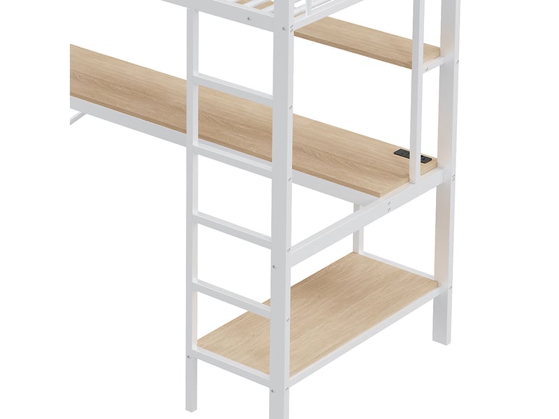  Lit mezzanine enfant 200×90 cm avec bureau, étagères, led et port usb, sans matelas, en métal et mdf blanc  - Conforama E