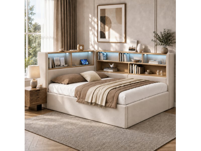  Lit coffre 140x190 cm en velours beige avec led, usb, type-c et sommier à lattes  - Conforama D