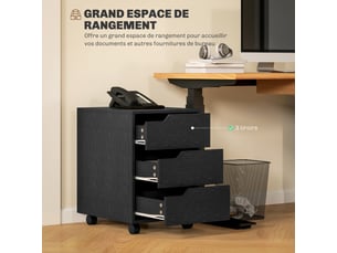 Caisson bureau mobile, meuble rangement bureau sur roulettes, 3 tiroirs, noir, 40x50x57,5cm