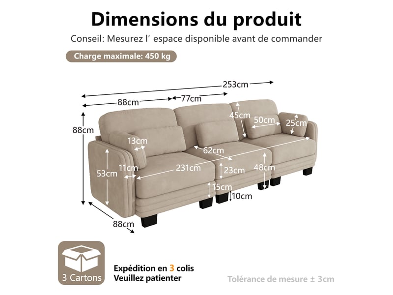 Canapé droit modulable 253 cm 3 places, accoudoirs amovibles, coussins lombaires épais à soutien renforcé, assise à ressorts ensachés, chenille, marron clair - Conforama D