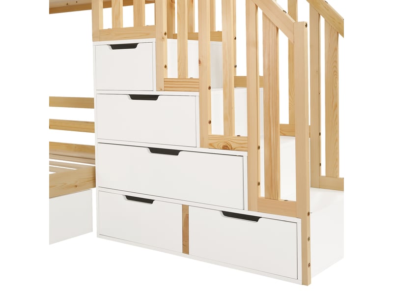  Lit superposé enfant 90x200 avec échelle à poignées, design cabane et grands tiroirs de rangement latéraux  - Conforama W