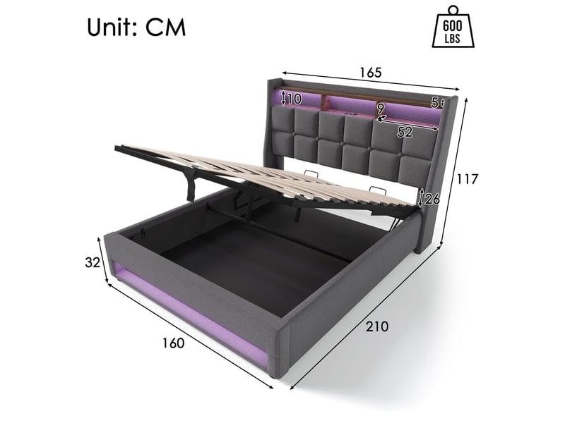  Lit coffre ulevr 160 x 200 cm avec led et usb, tête de lit avec rangement, revêtement en lin, gris  - Conforama C