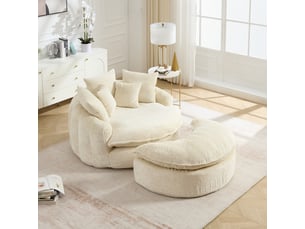 Canapé droit en mousse polyester, assise ronde xl, dossier inclinable, coussin inclus, 190.5×138×63 cm, beige
