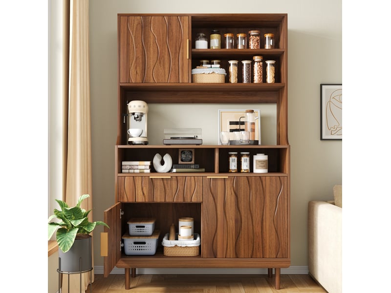  Buffet de cuisine haut avec 3 portes, 1 tiroir et 4 niches ouvertes, façade texturée, noyer, 100 × 32 × 170 cm  - Conforama C