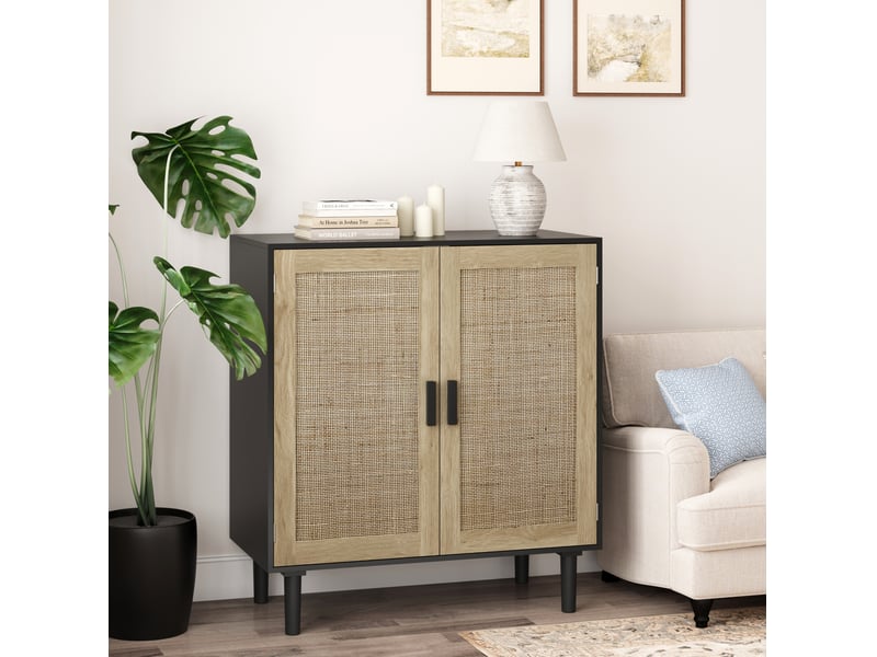 Armoire de rangement 80x40x88 cm, buffet avec 2 portes, style rotin, poignées bois, meuble rangement salon, mdf noir - Conforama D