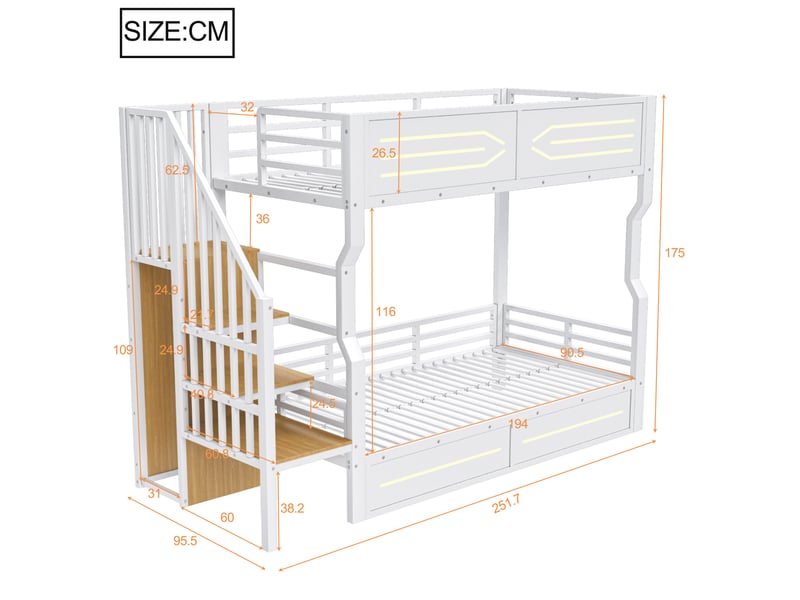  Lit mezzanine 90 × 200 cm avec led, escalier de rangement et garde-corps en mdf et métal blanc  - Conforama C