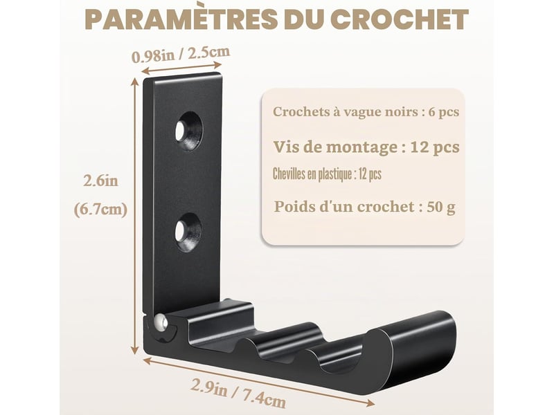  Crochets muraux pliables en aluminium, 6 pièces, patère murale noire, charge 15 kg  - Conforama E