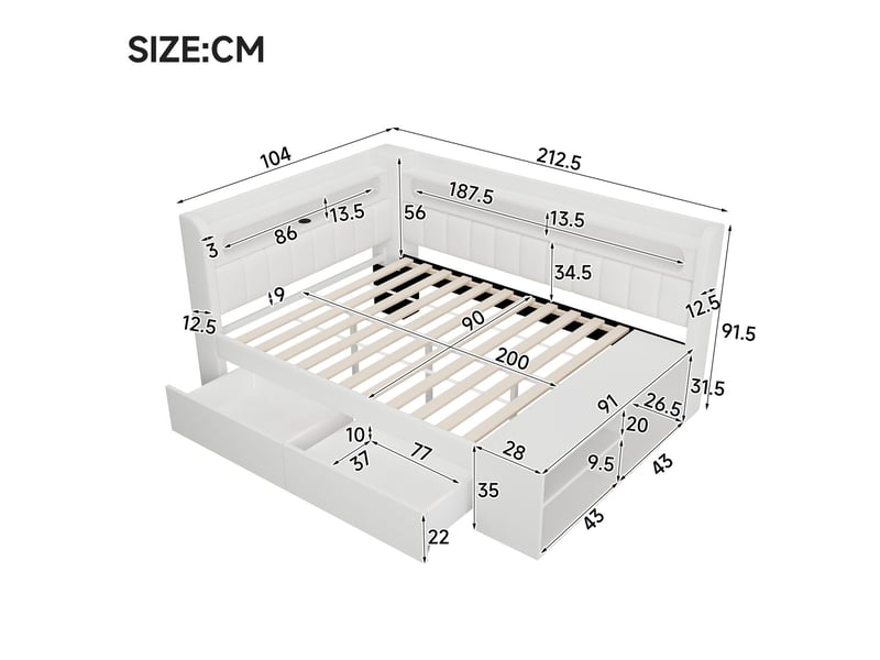  Lit 90x200 cm, canapé lit rembourré blanc, port usb, bande led, meuble à chaussures, deux tiroirs  - Conforama C