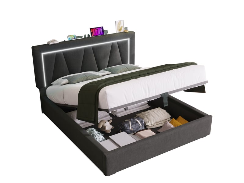  Modenvie lit coffre 160x200 cm - led, usb-c et tête de lit réglable, sans matelas - gris  - Conforama A