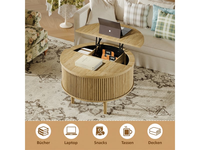  Table basse ronde relevable – 80x80x 51.5 cm – plateau relevable &amp; double coffre – bois - naturel  - Conforama E