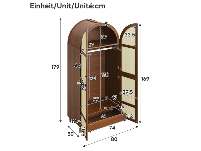 Armoire 80x50x179 cm avec penderie, tiroirs et portes arrondies coloris noyer - Conforama C