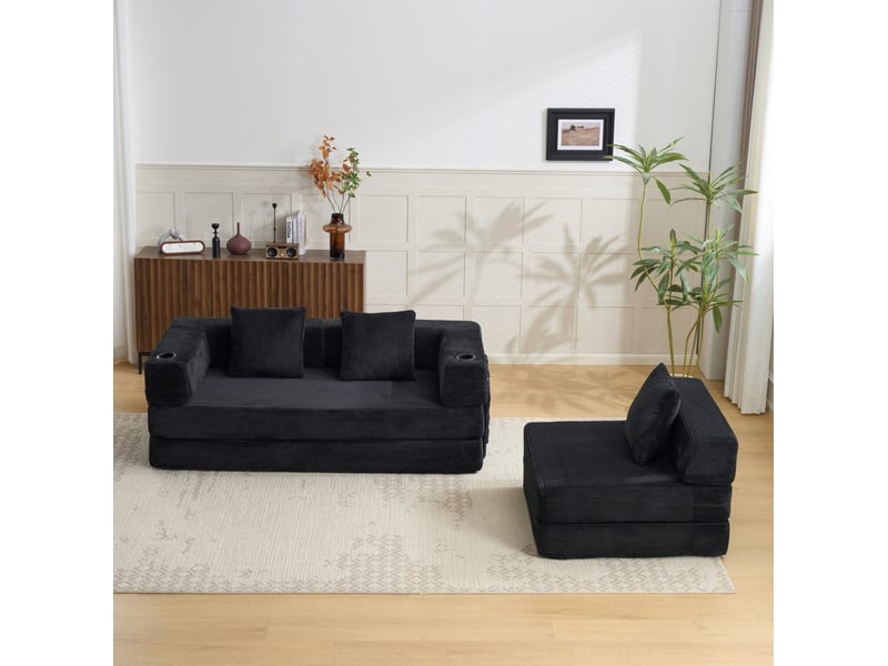 Canapé-lit de sol convertible 3 places avec accoudoirs pliables, porte-gobelets et poches en velours côtelé noir - Conforama E