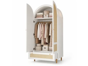 Armoire 2 portes 80 x 50 x 180 cm avec tringle, tiroir, mdf blanc et rotin