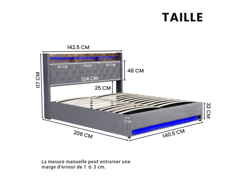 Lit coffre enfant 140x190 cm avec led, port usb, sommier et espace de rangement, velours, gris, sans matelas - Conforama C