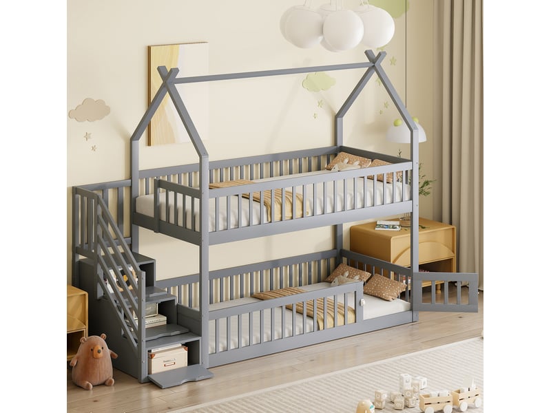  Modenvie lit superpose enfant 90x200 cm - avec escalier de rangement, toit cabane - sans matelas - gris  - Conforama B