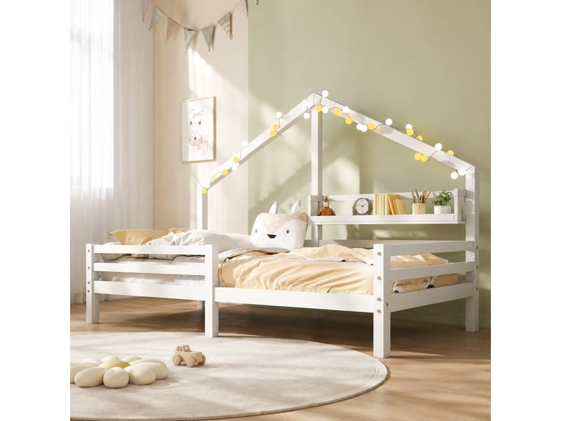  Lit cabane enfant 1 place 90×200 cm avec barrière, étagère et rangement  - sans matelas, pin - blanc  - Conforama C