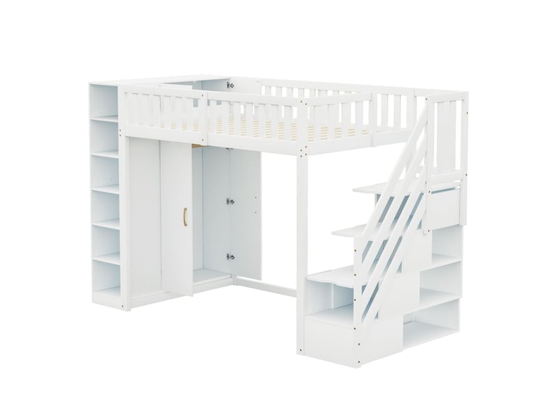 Lit mezzanine 90x200 cm avec armoire et étagères - lit 1 place - escalier sécurisé bois massif blanc, garde-corps sécurité - lit ado - Conforama A