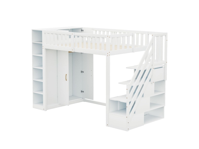  Lit mezzanine 90x200 cm avec armoire et étagères - lit 1 place - escalier sécurisé bois massif blanc, garde-corps sécurité - lit ado  - Conforama A