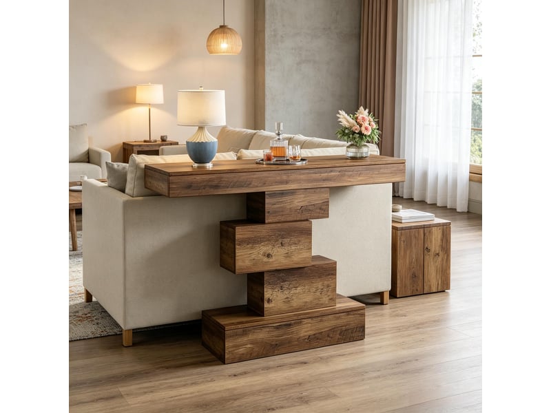  Console à base géométrique pour entrée en panneaux de particules 108×30×80 cm marron clair  - Conforama C