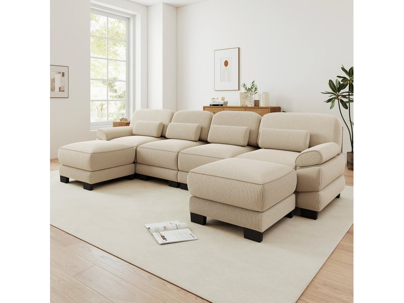  Canapé modulable tcqpz 4 places avec 2 poufs 336 x 161 x 94 cm velours côtelé beige  - Conforama D