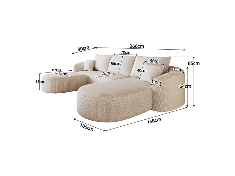 Canapé d'angle u 5 places 266x168x85 cm, modulable sans armature, mousse compressée, velours chenille, sans montage, assise confortable,beige ABC - Conforama C