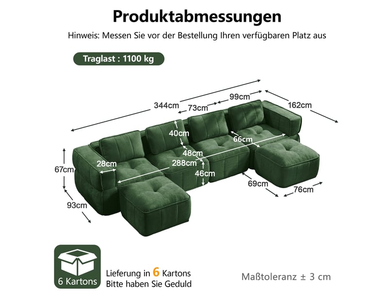  Canapé modulable en u 4 places avec 2 poufs, en polyester vert  - Conforama C