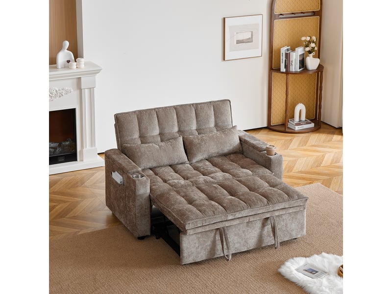  Canapé convertible 2 places 142 cm en chenille, canapé-lit avec fonction lit, rangement, porte-gobelets et coussins inclus - marron  - Conforama B