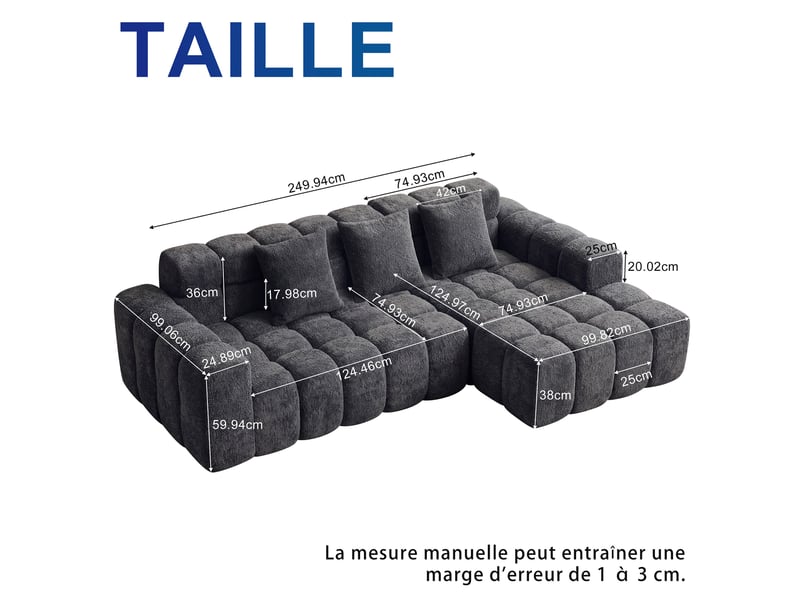 Canapé-lit d'angle ulevr modulable avec chaise gauche, 249,94 cm, velours texturé gris anthracite - Conforama C