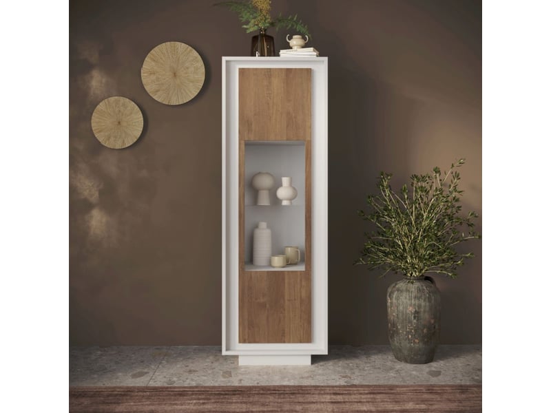Vitrine 1 porte blanc laqué façades aspect bois finition mercure et verre piètement socle - azonto AZONTO - Conforama B