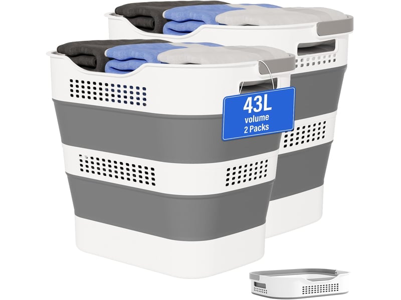 Lot de 2 paniers à linge pliables 42 l, corbeilles en plastique avec poignées, gain de place pour vêtements, gris foncé - Conforama A
