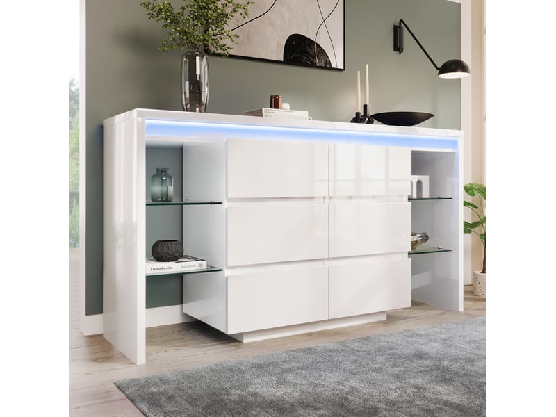  Buffet led 155x40x80 cm avec 6 tiroirs et 4 étagères en verre, bahut de salon, finition haute brillance, bois et verre - blanc brillant  - Conforama B